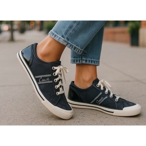 COACH Folly Sneakers Black Canvas & Patent Heel 6 B - Picture 1 of 11